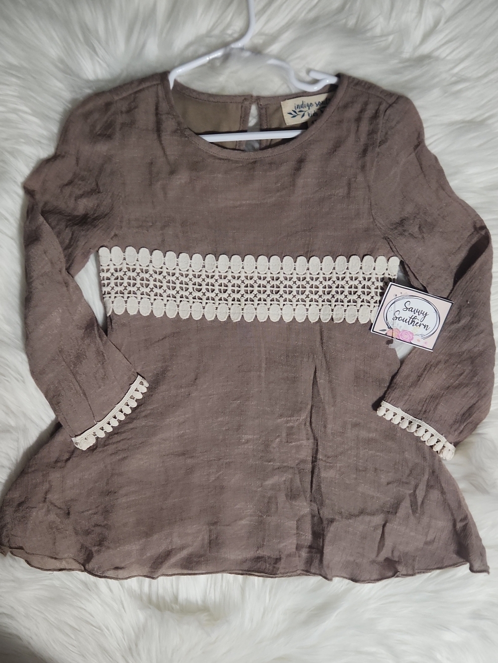 Indigo Brown Linen-Blend Tunic with Cream Crochet Band - Size 4